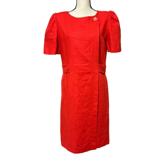 William Pearson Vintage Red Dress Belt Lined Faux Wrap Short Sleeve Button Sz 12 - Picture 2 of 14
